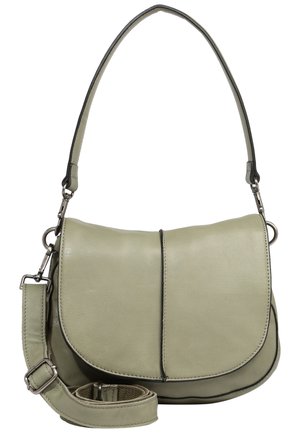 Hellgrüne Leder-Schultertasche mit Klappverschluss, verstellbaren und abnehmbaren Trägern sowie silberfarbenen Metallbeschlägen.