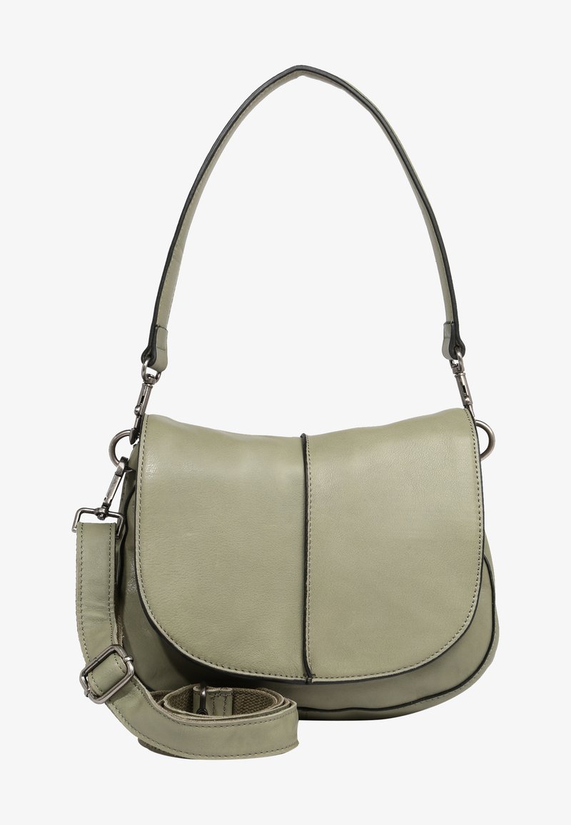 Bolso de cuero verde claro para llevar al hombro con cierre de solapa, correas ajustables y desmontables, y herrajes metálicos plateados.