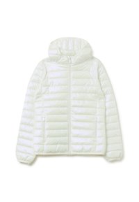 Veste légère matelassée à capuche en matériau blanc brillant ; dotée d'un motif matelassé horizontal et d'une fermeture éclair à l'avant avec des poches latérales.