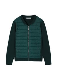 Padded teal jacket with zip closure, featuring a textured quilted front and soft knit sleeves. Ribbed cuffs and collar, minimalistic design.