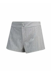 Pantaloni corti grigi con chiusura a bottone, caratterizzati da strisce verticali argentate e una texture liscia, progettati con una silhouette sagomata.