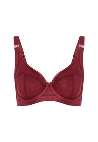 Burgundininen rintaliivi, jossa on tukikaari, läpinäkyvä verkkokangas, leveät säädettävät hihnat ja metalliset yksityiskohdat. Ominaisuuksiin kuuluu sileä, saumaton muotoilu.