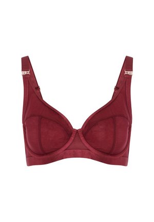 Bordeaux bh met beugel, doorzichtige mesh stof, brede verstelbare bandjes en metalen hardware accenten. Heeft een glad, naadloos ontwerp.