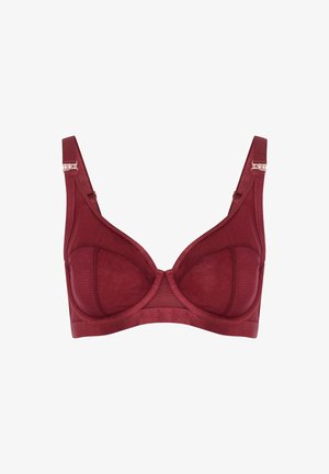 Bordeaux bh met beugel, doorzichtige mesh stof, brede verstelbare bandjes en metalen hardware accenten. Heeft een glad, naadloos ontwerp.