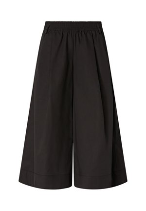 Pantalones anchos negros hasta la pantorrilla con cinturilla elástica y bolsillos laterales, confeccionados en una tela suave y ligera.