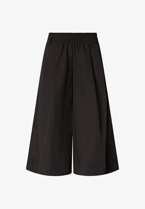 Pantalones anchos negros hasta la pantorrilla con cinturilla elástica y bolsillos laterales, confeccionados en una tela suave y ligera.
