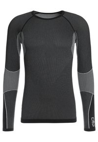 Maglietta atletica a maniche lunghe di colore grigio scuro, con tessuto testurizzato, dettagli bianchi a contrasto e un design aderente con scollatura arrotondata.