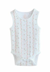 Biele dojčenské body s ružovým kvetinovým vzorom, bezrukávové prevedenie a zapínanie na patentky v dolnej časti. Jemná bavlnená tkanina.