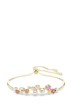 Bracelet en or orné de pierres rondes multicolores, y compris des cristaux roses et transparents, avec une chaîne ajustable à glissière pour une flexibilité de taille.