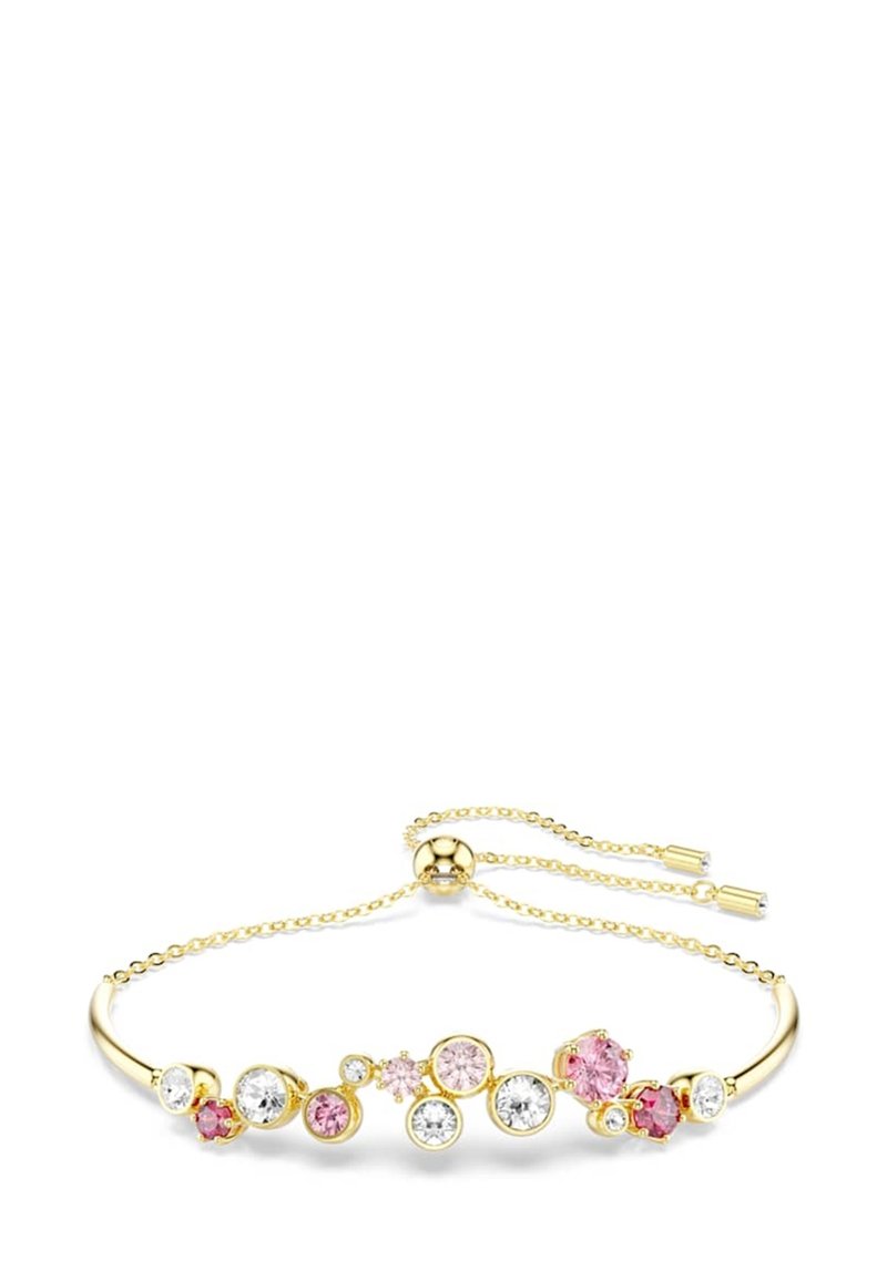 Goldarmband mit mehrfarbigen runden Steinen, darunter rosa und klare Kristalle, mit einer verstellbaren Kette für flexible Größenanpassung.