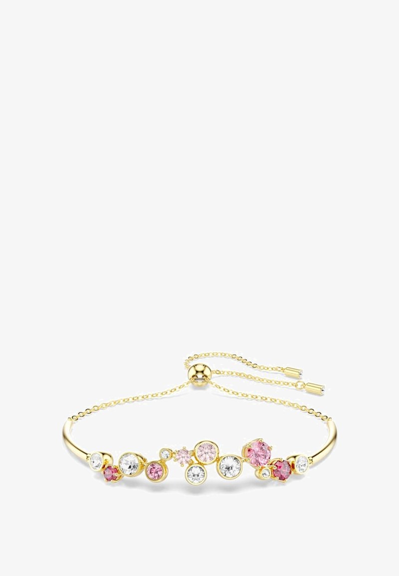 Goldarmband mit mehrfarbigen runden Steinen, darunter rosa und klare Kristalle, mit einer verstellbaren Kette für flexible Größenanpassung.