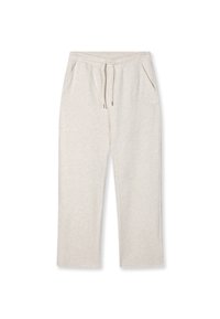 Pantalones deportivos de color gris claro hechos de una tela suave, con una cinturilla elástica, cordón y bolsillos laterales, presentando un diseño sencillo.