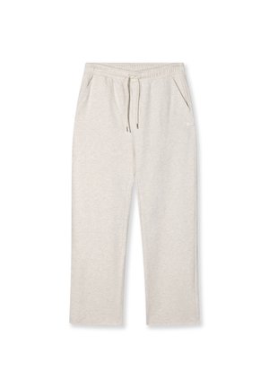 Pantaloni della tuta grigi chiari in tessuto morbido con vita elastica, cordoncino e tasche laterali, caratterizzati da un design semplice.