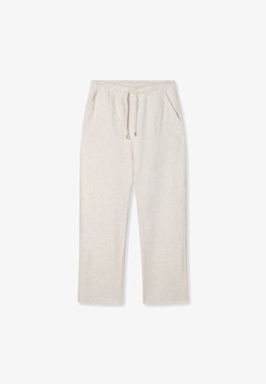 Hellgraue Jogginghose aus weichem Stoff mit elastischem Bund, Kordelzug und seitlichen Taschen, die ein einfaches Design aufweist.