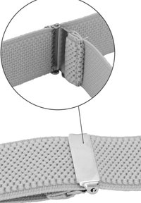 Grau elastisches Band mit strukturiertem Oberflächen, ausgestattet mit einem Metallverschluss mit Zickzackzähnen für eine sichere Befestigung.