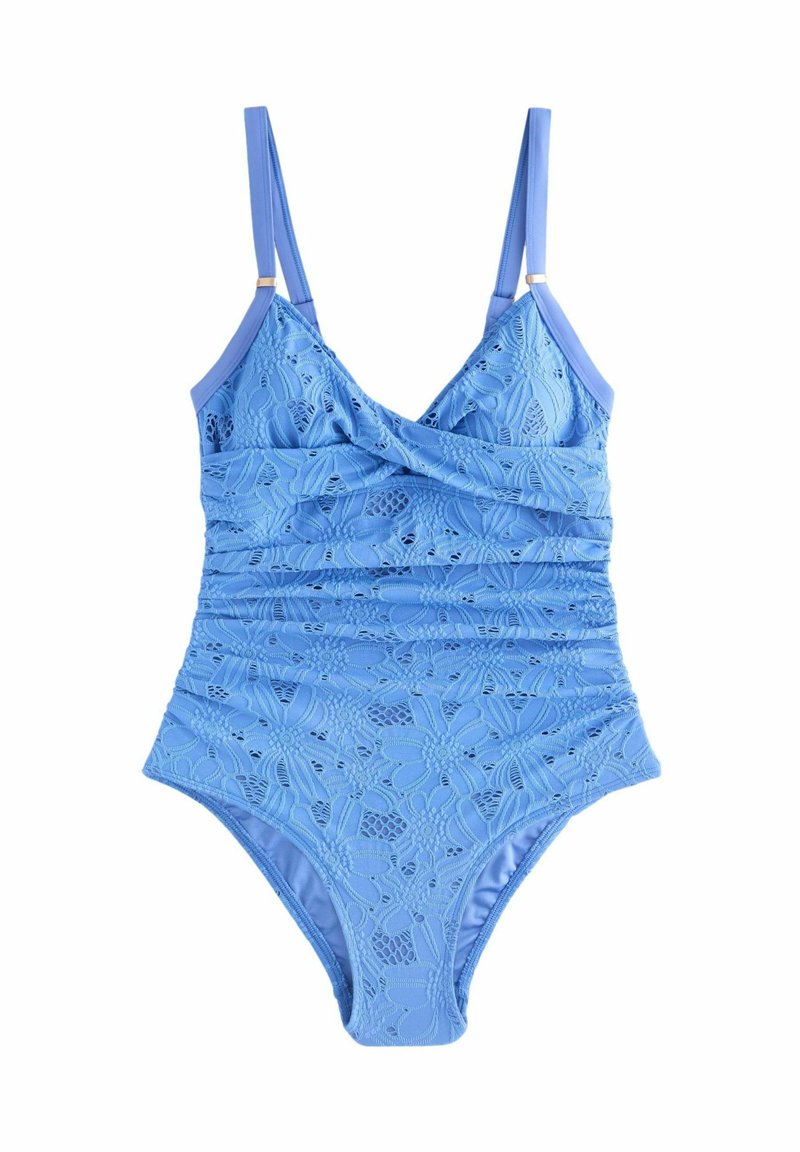 Blauer Spitzen-Einteiler mit gerafftem Design, verstellbaren Trägern und Blumenmuster. Hergestellt aus leichtem, strukturiertem Stoff.