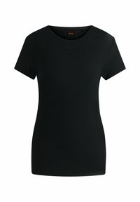 T-shirt nero a maniche corte realizzato in tessuto leggero. Presenta un collo rotondo e una finitura leggermente testurizzata. Etichetta del marchio visibile all'interno.
