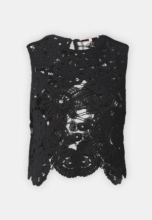 Haut en dentelle noire présentant des motifs floraux délicats et des bords festonnés. Le design met en valeur un matériau léger et texturé avec un tissage ouvert.