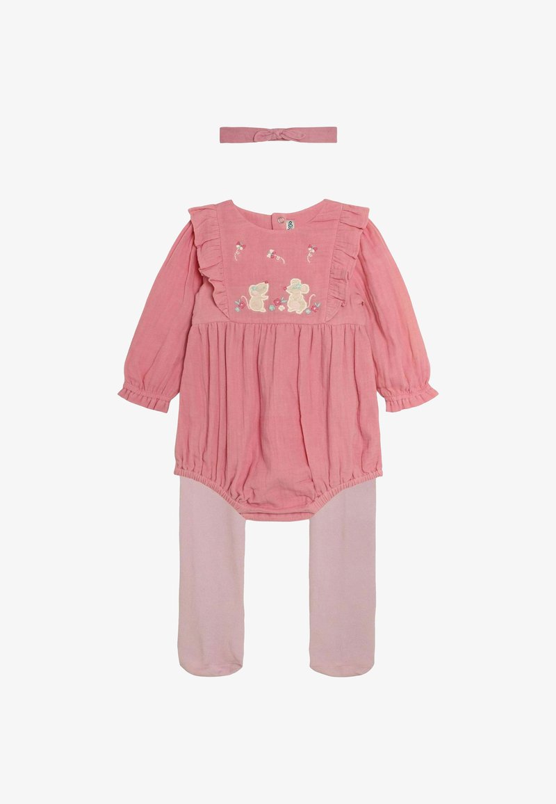 Rosa langärmeliger Body mit Rüschenausschnitt, der gestickte Mäuse und florale Details aufweist, kombiniert mit hellrosa Strumpfhosen und einem Haarband.