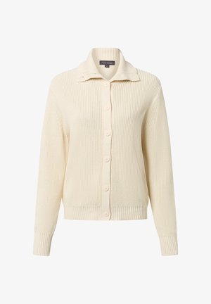 Prążkowany kremowy kardigan z kołnierzykiem, zapięciem na guziki z przodu oraz długimi rękawami. Charakteryzuje się miękką teksturą i dopasowanym dołem.