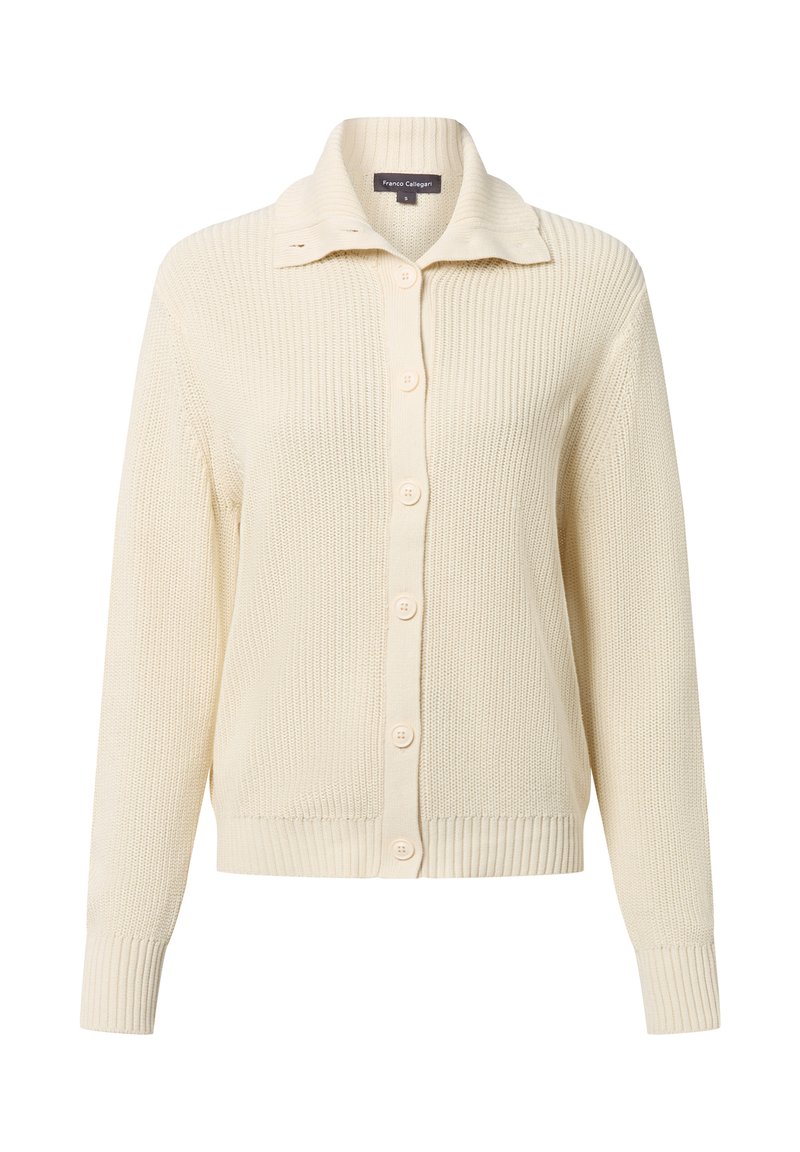 Geribbelde crème cardigan met een kraaghalslijn, knoopsluiting aan de voorkant en lange mouwen. Heeft een zachte textuur en een aansluitende zoom.