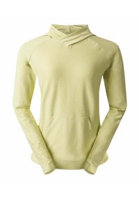 Helles gelbes Langarm-Hoodie aus weichem Stoff, mit überlappendem Kragen, Fronttasche und engen Bündchen. Einfache, glatte Textur.