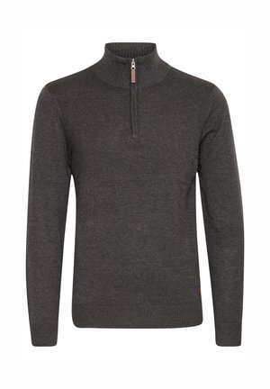 Dark grey sweater with a high collar and half-zip closure. Knitted texture with ribbed cuffs and hem. Minimalistic design, no patterns.