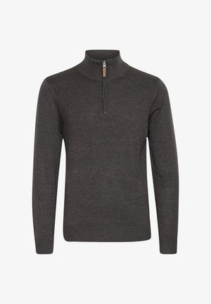 Ciemnoszary sweter z wysokim kołnierzem i pół-zamkiem. Dziana tekstura z prążkowanymi mankietami i dołem. Minimalistyczny design, bez wzorów.