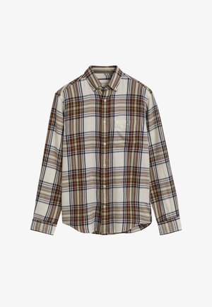 Buttoned long-sleeve men's shirt with a front chest pocket, featuring a beige, brown, and navy blue plaid pattern.
