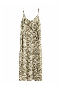 Robe fleurie à bretelles spaghetti, avec un fond blanc et un motif de feuilles brun verdâtre. Tissu léger et fluide avec des détails en volants.