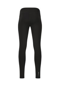 Schwarze Leggings aus elastischem Material. Mit hohem Bund und dezentem Logo-Detail nahe dem Knöchel. Glatte Textur.