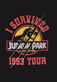 Černé tričko s nápisem "Přežil jsem Jurský park" v červeném a bílém písmu, s žlutým kruhem a grafikou dinosaura. Žlábky připomínají stopy po drápech.