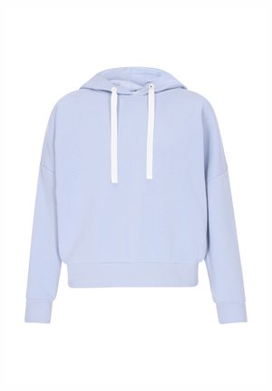 Light blue cropped hoodie made from soft fabric, featuring a drawstring hood, drop shoulders, and ribbed cuffs for a relaxed fit.