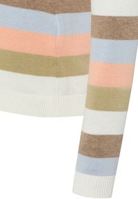 Pull multirayé avec diverses couleurs pastel comprenant du bleu clair, pêche, vert olive et marron. Texture tricotée avec ourlet côtelé.