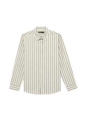 Langärmliges Hemd mit Knöpfen, blau gestreift auf cremefarbenem Hintergrund, ausgestattet mit klassischem Kragen und geknöpften Manschetten.