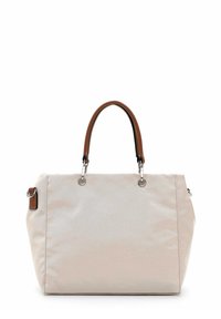 Beige canvas axelväska med bruna konstläderhandtag, silverfärgade detaljer och en strukturerad form. Har sidofästen.