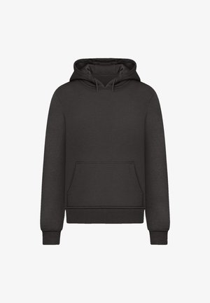 Schwarzer Hoodie aus weichem Stoff, mit einer vorderen Kängurutasche, gerippten Manschetten und Saum sowie einer Kapuze mit Kordelzug. Einfaches Design.