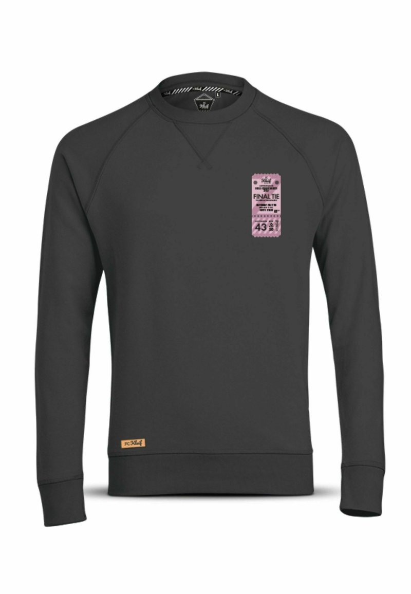Zwarte sweatshirt met een ronde hals en raglanmouwen. Bevat een roze ticketafbeelding aan de voorkant en een klein geweven label aan de zoom.
