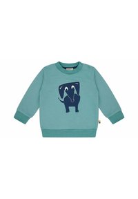 Türkise Sweatshirt mit einem navyblauen Elefantengrafik. Verfügt über gerippte Bündchen, einen Rundhalsausschnitt und zwei Druckknöpfe an den Schultern für ein einfaches An- und Ausziehen.
