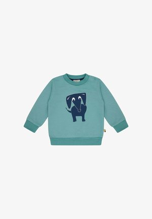 Türkise Sweatshirt mit einem navyblauen Elefantengrafik. Verfügt über gerippte Bündchen, einen Rundhalsausschnitt und zwei Druckknöpfe an den Schultern für ein einfaches An- und Ausziehen.