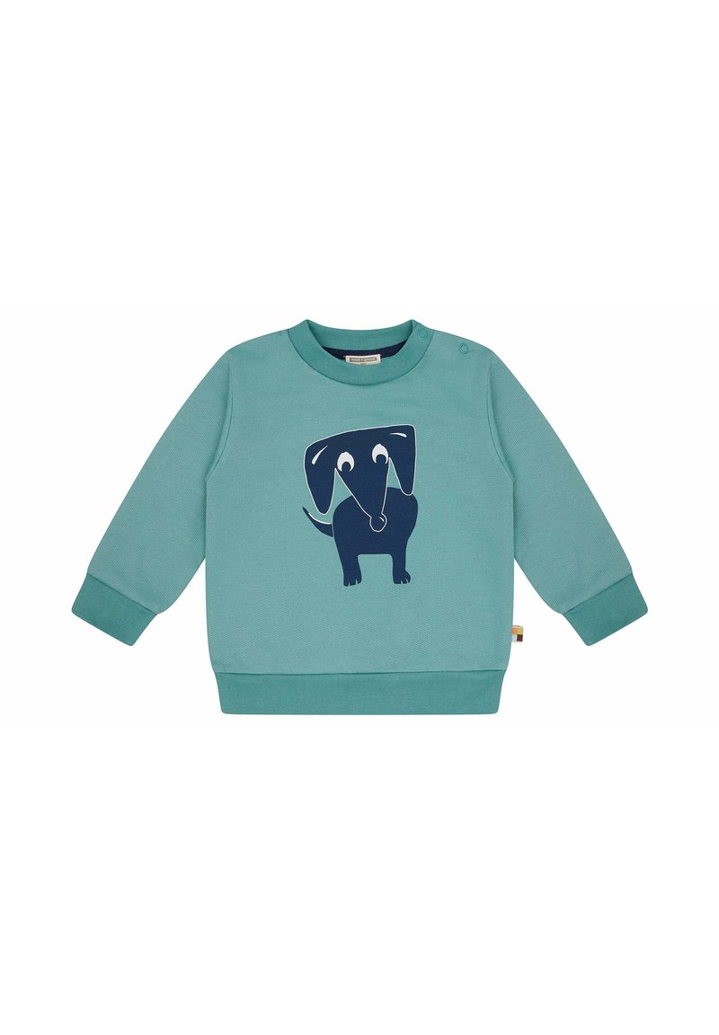 Türkise Sweatshirt mit einem navyblauen Elefantengrafik. Verfügt über gerippte Bündchen, einen Rundhalsausschnitt und zwei Druckknöpfe an den Schultern für ein einfaches An- und Ausziehen.