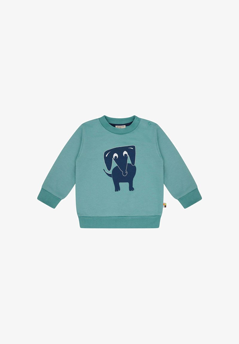 Türkise Sweatshirt mit einem navyblauen Elefantengrafik. Verfügt über gerippte Bündchen, einen Rundhalsausschnitt und zwei Druckknöpfe an den Schultern für ein einfaches An- und Ausziehen.