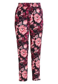 Bloemenbroek met een elastische tailleband, met een donkere achtergrond en grote roze en bordeauxrode bloemenpatronen. Lichtgewicht stof, rechte snit.