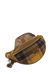 Sac rond en tissu de couleur marron avec un motif à carreaux jaune, marron et gris. Fermeture zippée avec un accent en daim beige et doublure intérieure à motif.