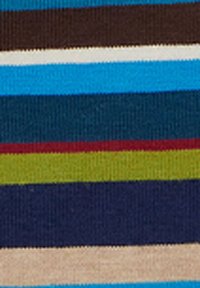 Tessuto a strisce multicolore con bande orizzontali blu, marroni, verdi e beige. La trama è a coste e i colori variano in larghezza.