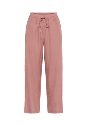 Loose-fit dusty pink pants with an elastic waistband and adjustable drawstring, straight legs, and no visible pockets or patterns.