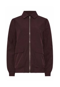 Bordeaux kleurige zip-up jas met een kraag, ribgebreide manchetten en twee voorkruiken. Gladde textuur met een getailleerde pasvorm.