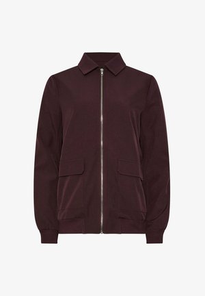 Bordeaux kleurige zip-up jas met een kraag, ribgebreide manchetten en twee voorkruiken. Gladde textuur met een getailleerde pasvorm.