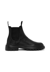 Botas de tobillo de cuero negro con paneles laterales elásticos y lengüetas. Suela de goma gruesa con un diseño texturizado para un mejor agarre.