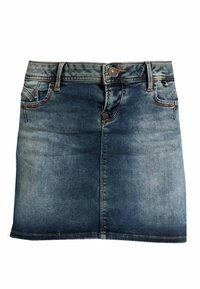 Gonna di jeans in un lavaggio blu sbiadito, con cinque tasche, passanti per cintura e chiusura con bottoni frontale. Texture liscia con leggeri effetti di usura.